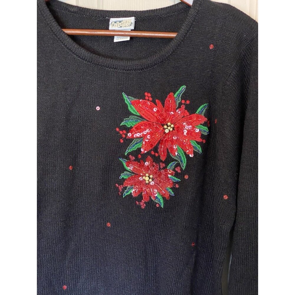 Collections Etc Black Holiday Christmas Ugly Sweater Women's L Floral Poinsettia - Picture 4 of 7